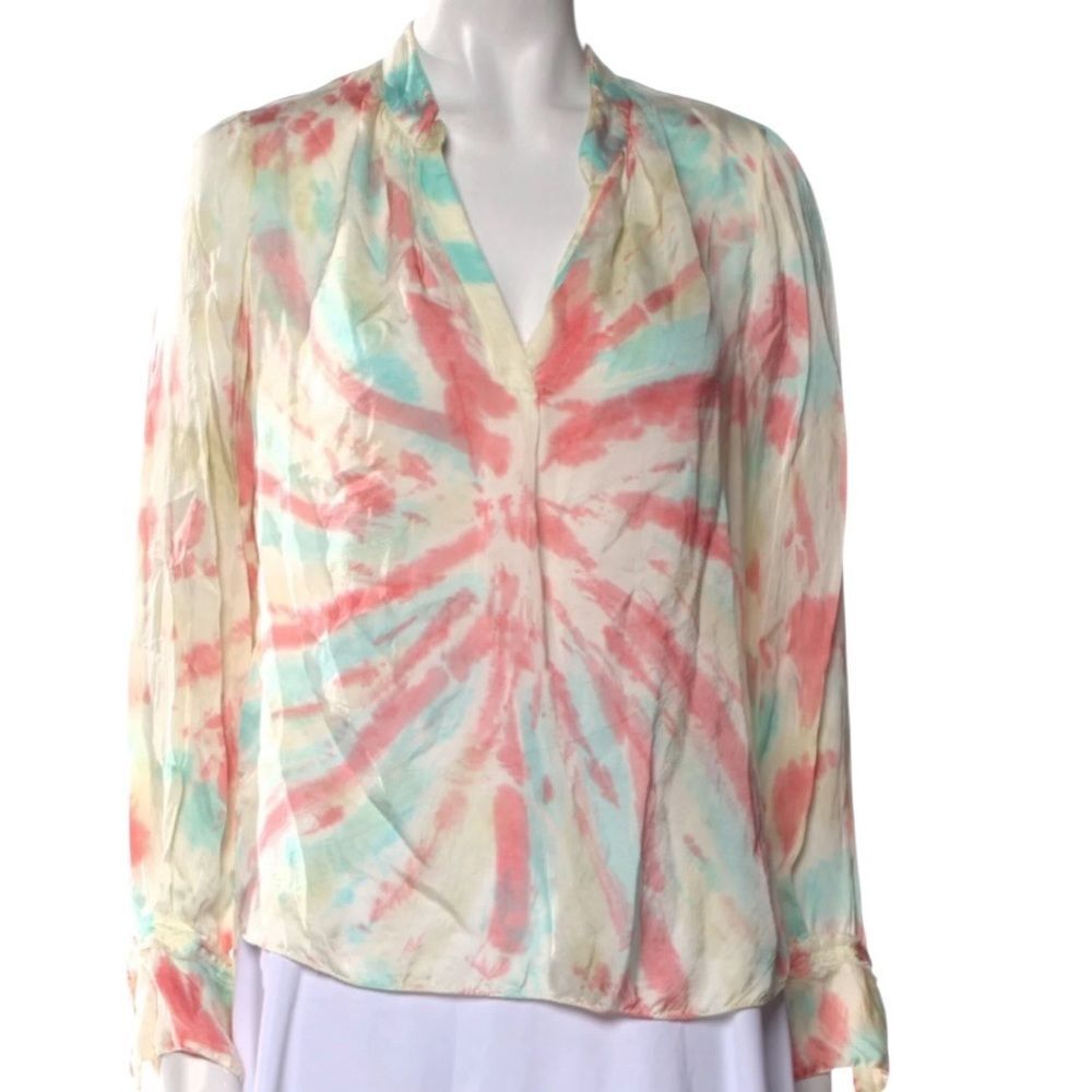 Zadig & Voltaire tink Coral, Aqua & Cream Tie-Dye V-Neck Blouse size extra small
